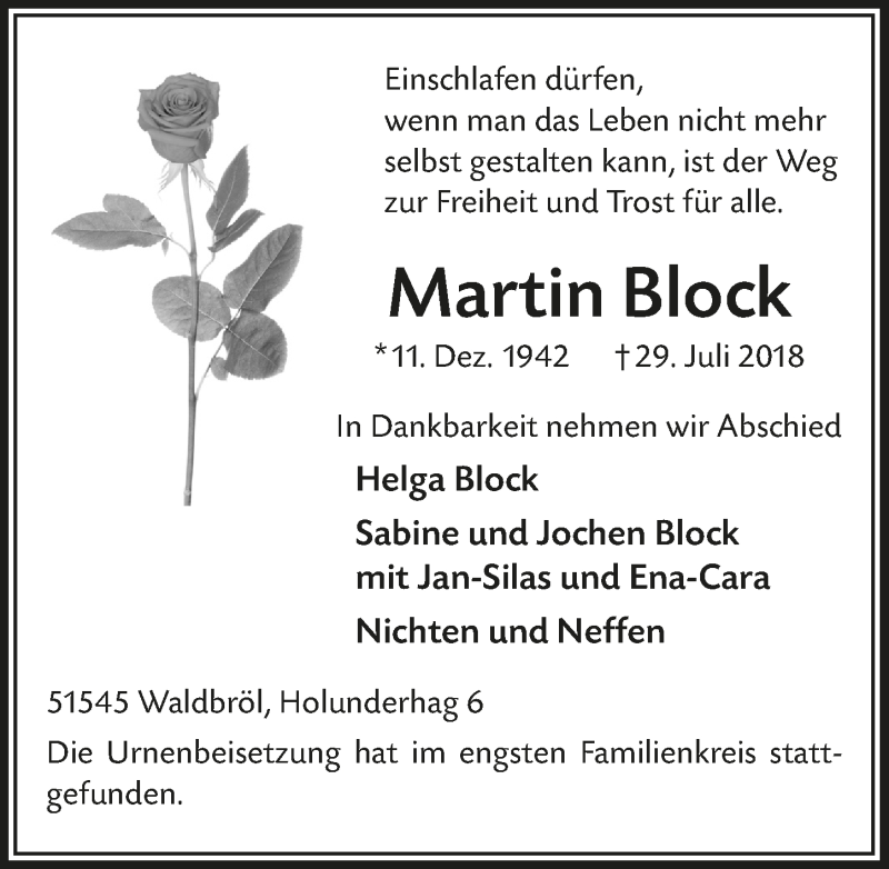  Traueranzeige für Martin Block vom 15.08.2018 aus  Lokalanzeiger 