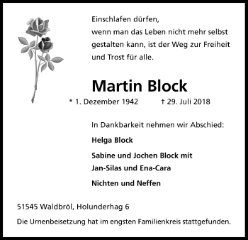 Anzeige von Martin Block von Kölner Stadt-Anzeiger / Kölnische Rundschau / Express