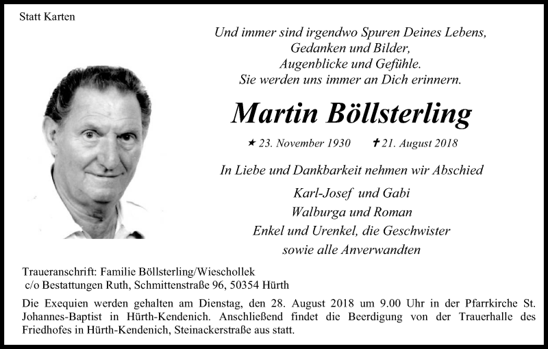  Traueranzeige für Martin Böllsterling vom 25.08.2018 aus Kölner Stadt-Anzeiger / Kölnische Rundschau / Express