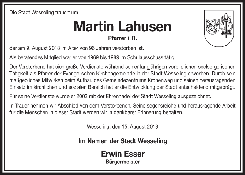  Traueranzeige für Martin Lahusen vom 22.08.2018 aus  Schlossbote/Werbekurier 