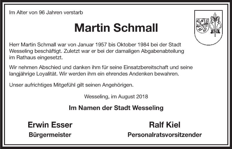  Traueranzeige für Martin Schmall vom 22.08.2018 aus  Schlossbote/Werbekurier 
