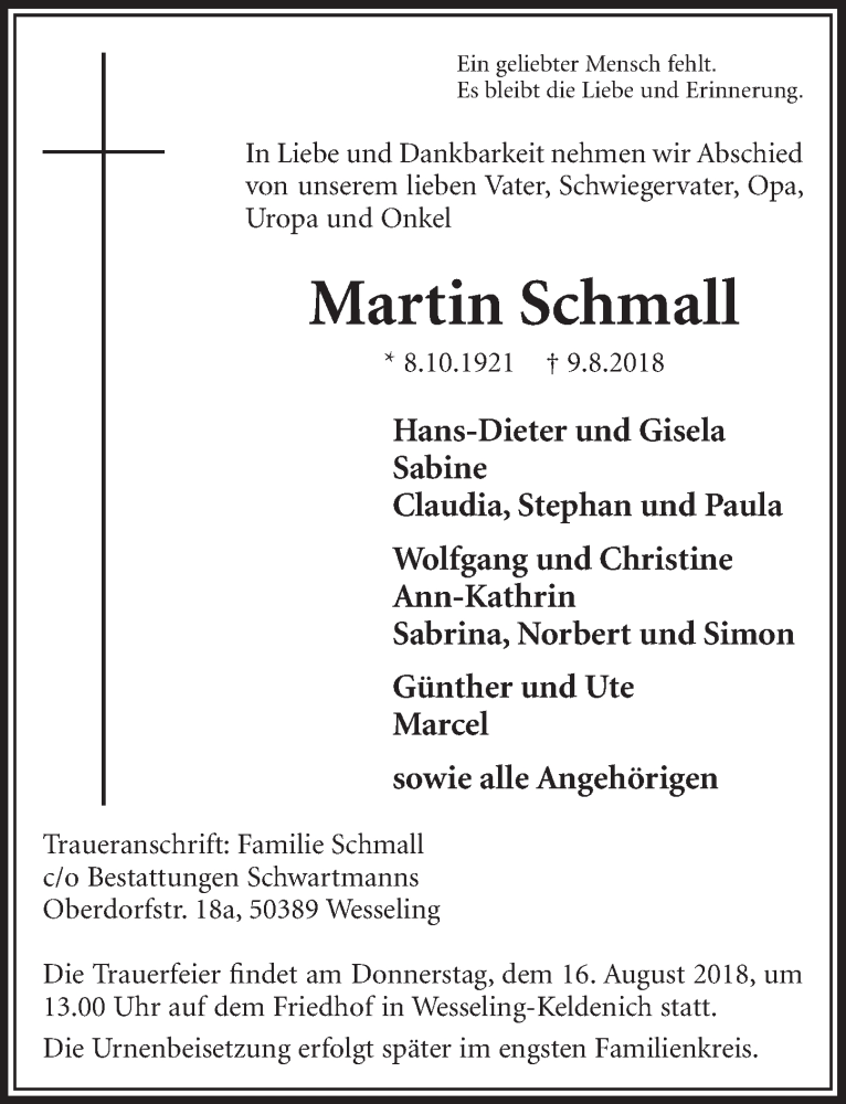  Traueranzeige für Martin Schmall vom 15.08.2018 aus  Schlossbote/Werbekurier 