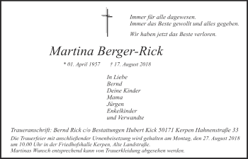 Anzeige von Martina Berger-Rick von  Werbepost 