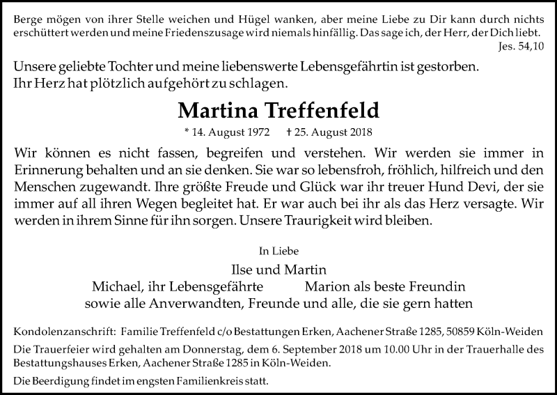  Traueranzeige für Martina Treffenfeld vom 01.09.2018 aus Kölner Stadt-Anzeiger / Kölnische Rundschau / Express