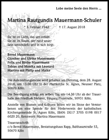 Anzeige von Martina Rautgundis Mauermann-Schuler von Kölner Stadt-Anzeiger / Kölnische Rundschau / Express