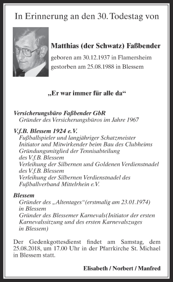 Anzeige von Matthias Faßbender geboren am. inFlamersheim gestorben am. inBlessem von  Sonntags-Post 