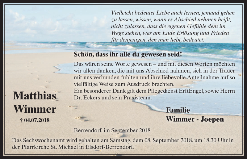  Traueranzeige für Matthias Wimmer vom 29.08.2018 aus  Werbepost 