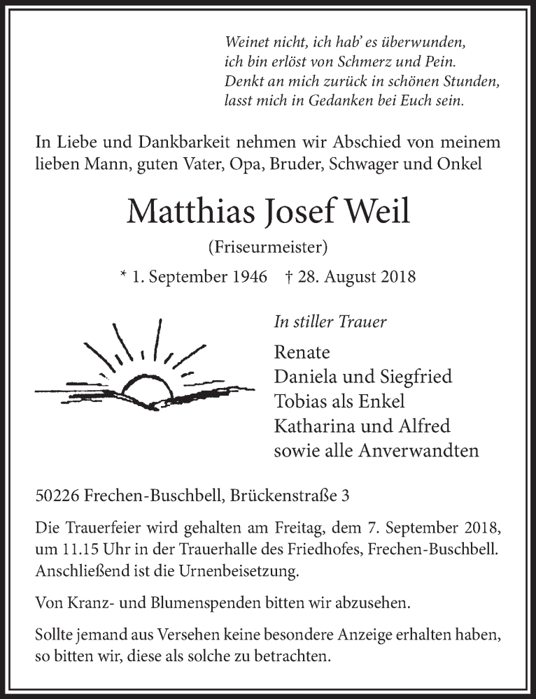  Traueranzeige für Matthias Josef Weil vom 01.09.2018 aus  Sonntags-Post 