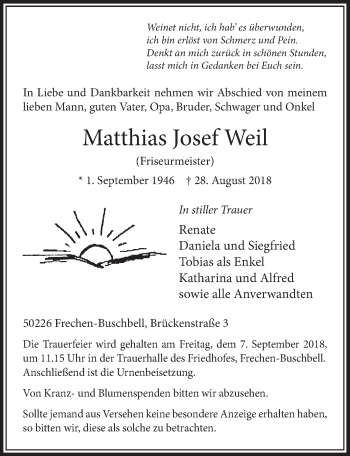 Anzeige von Matthias Josef Weil von  Sonntags-Post 
