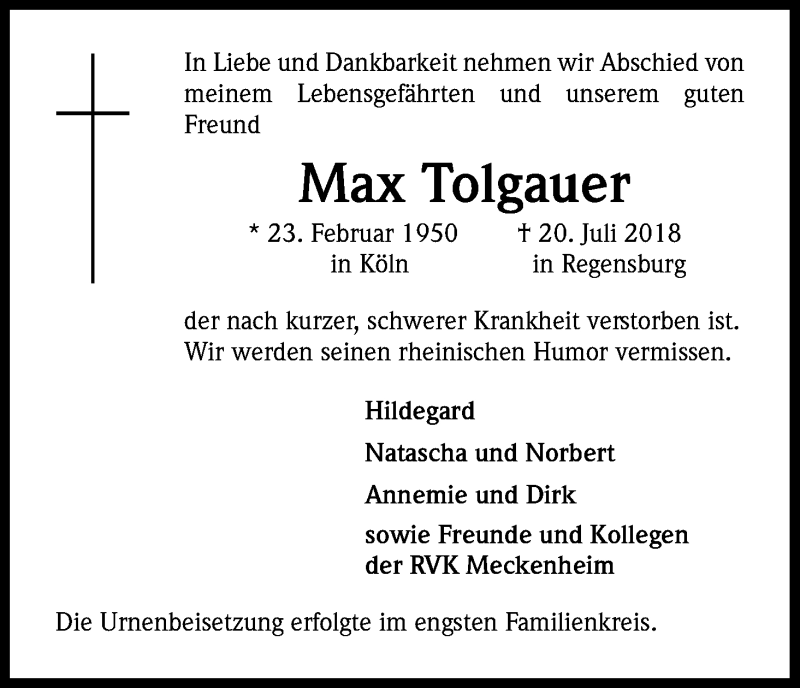  Traueranzeige für Max Tolgauer vom 18.08.2018 aus Kölner Stadt-Anzeiger / Kölnische Rundschau / Express
