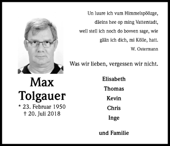 Anzeige von Max Tolgauer von Kölner Stadt-Anzeiger / Kölnische Rundschau / Express