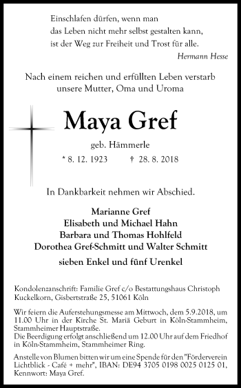Anzeige von Maya Gref von Kölner Stadt-Anzeiger / Kölnische Rundschau / Express
