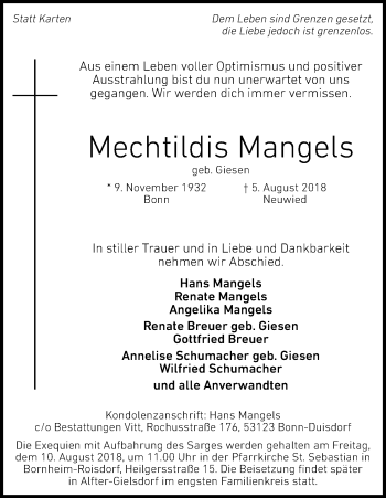 Anzeige von Mechtildis Mangels von Kölner Stadt-Anzeiger / Kölnische Rundschau / Express