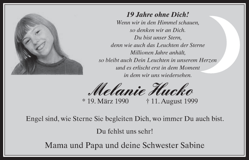  Traueranzeige für Melanie Hucko vom 15.08.2018 aus  Werbepost 