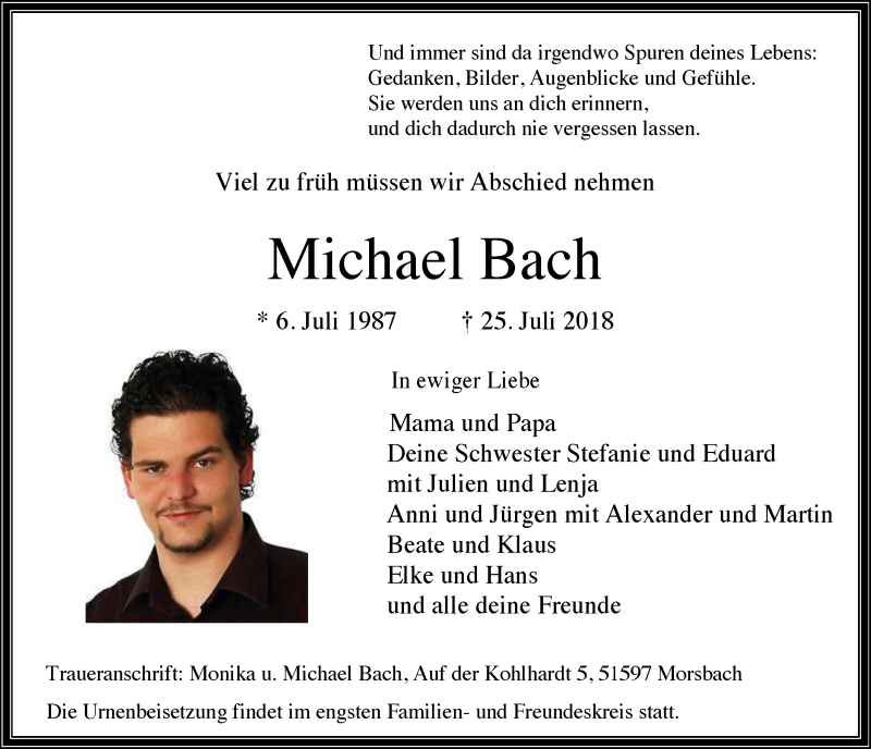  Traueranzeige für Michael Bach vom 08.08.2018 aus  Lokalanzeiger 