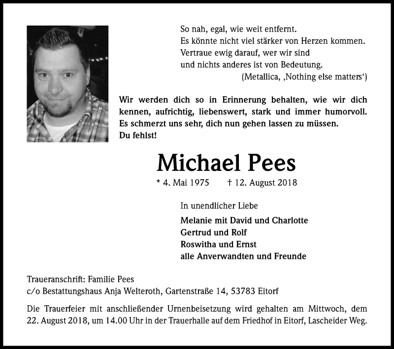  Traueranzeige für Michael Pees vom 18.08.2018 aus Kölner Stadt-Anzeiger / Kölnische Rundschau / Express