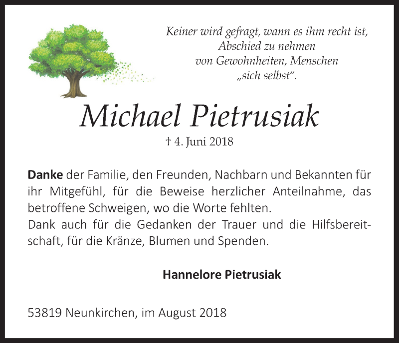  Traueranzeige für Michael Pietrusiak vom 10.08.2018 aus Kölner Stadt-Anzeiger / Kölnische Rundschau / Express