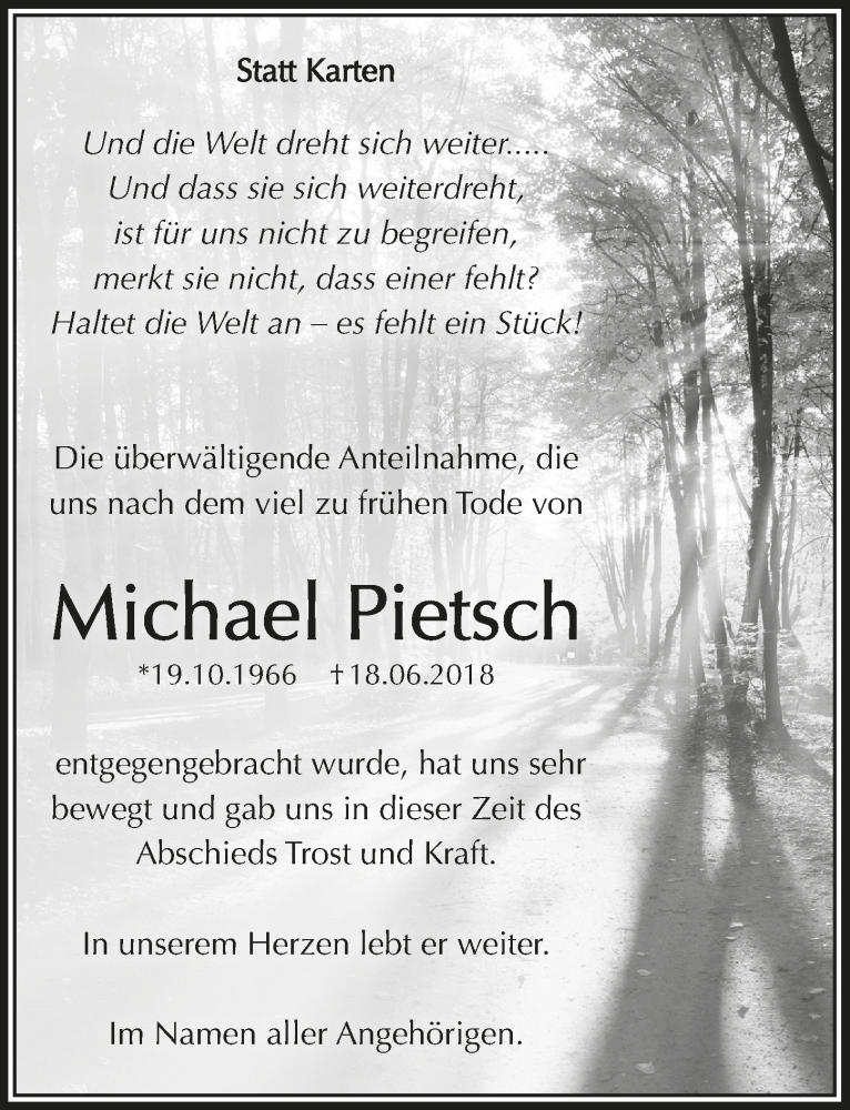  Traueranzeige für Michael Pietsch vom 08.08.2018 aus  Schaufenster/Blickpunkt 