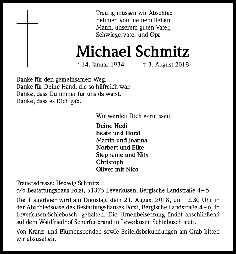  Traueranzeige für Michael Schmitz vom 11.08.2018 aus Kölner Stadt-Anzeiger / Kölnische Rundschau / Express