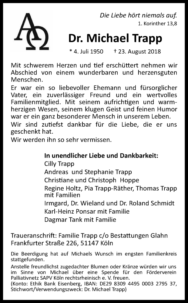  Traueranzeige für Michael Trapp vom 01.09.2018 aus Kölner Stadt-Anzeiger / Kölnische Rundschau / Express