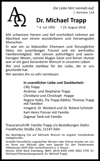 Anzeige von Michael Trapp von Kölner Stadt-Anzeiger / Kölnische Rundschau / Express