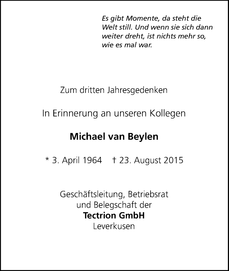  Traueranzeige für Michael Van Beylen vom 23.08.2018 aus Kölner Stadt-Anzeiger / Kölnische Rundschau / Express