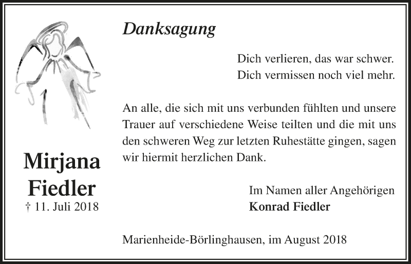  Traueranzeige für Mirjana Fiedler vom 22.08.2018 aus  Anzeigen Echo 