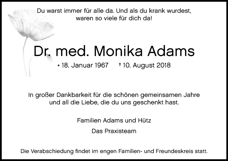  Traueranzeige für Monika Adams vom 18.08.2018 aus Kölner Stadt-Anzeiger / Kölnische Rundschau / Express