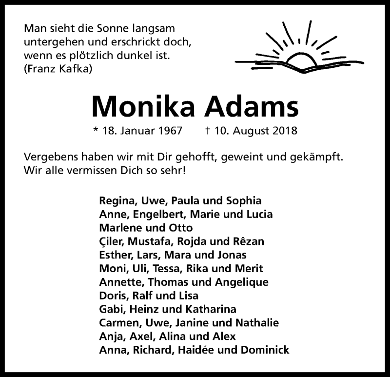  Traueranzeige für Monika Adams vom 18.08.2018 aus Kölner Stadt-Anzeiger / Kölnische Rundschau / Express