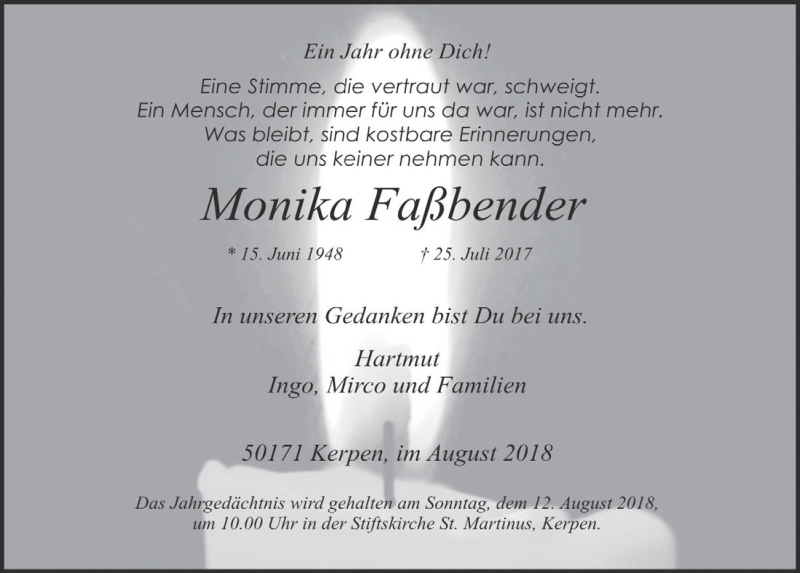  Traueranzeige für Monika Faßbender vom 08.08.2018 aus  Werbepost 