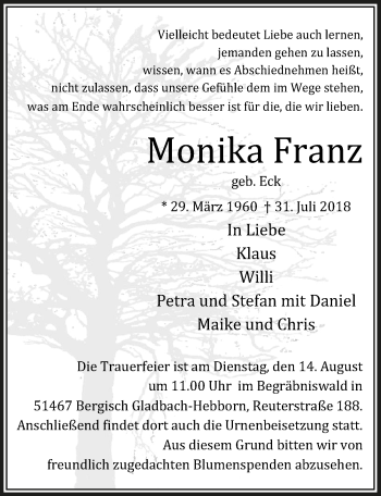 Anzeige von Monika Franz von  Bergisches Handelsblatt 