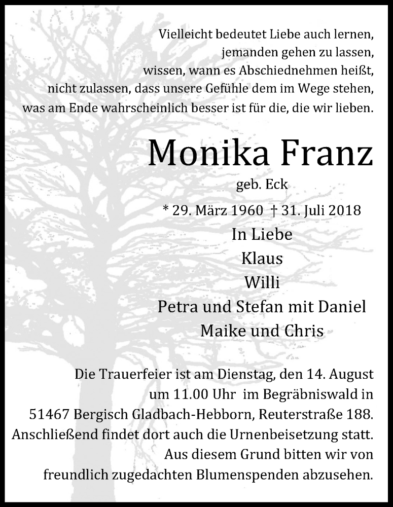  Traueranzeige für Monika Franz vom 11.08.2018 aus Kölner Stadt-Anzeiger / Kölnische Rundschau / Express