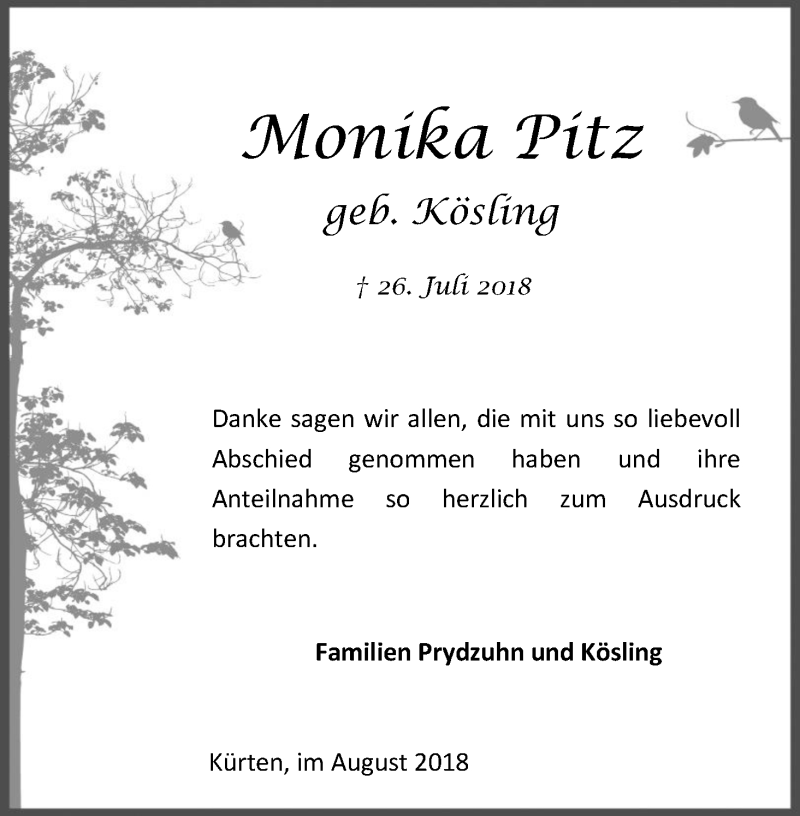  Traueranzeige für Monika Pitz vom 29.08.2018 aus Kölner Stadt-Anzeiger / Kölnische Rundschau / Express