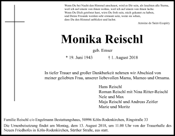 Anzeige von Monika Reischl von Kölner Stadt-Anzeiger / Kölnische Rundschau / Express