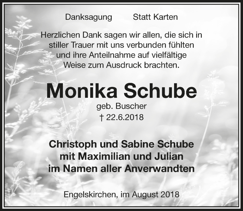  Traueranzeige für Monika Schube vom 15.08.2018 aus  Anzeigen Echo 