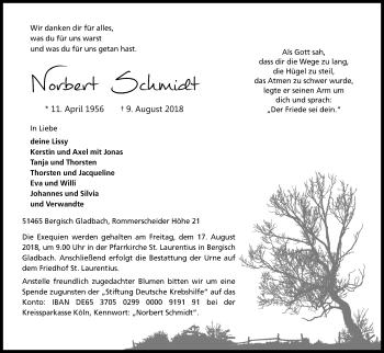 Anzeige von Norbert Schmidt von Kölner Stadt-Anzeiger / Kölnische Rundschau / Express