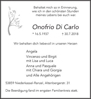 Anzeige von Onofrio Di Carlo von  Extra Blatt 