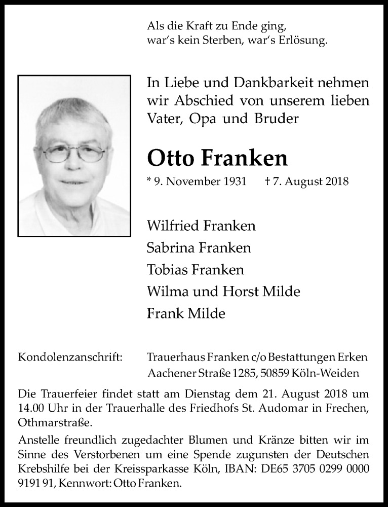  Traueranzeige für Otto Franken vom 18.08.2018 aus  Sonntags-Post 