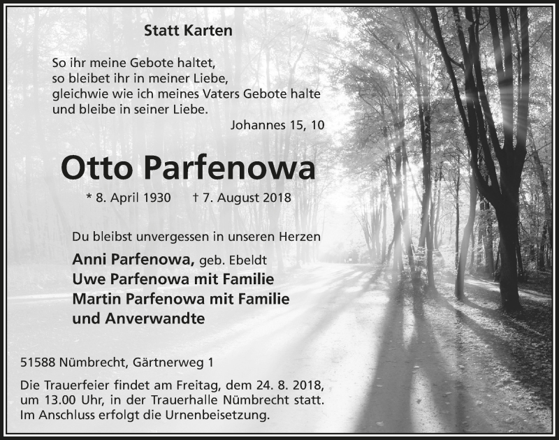  Traueranzeige für Otto Parfenowa vom 15.08.2018 aus  Lokalanzeiger 