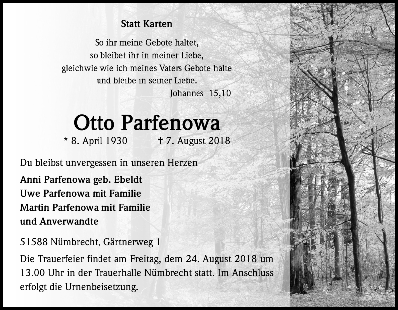  Traueranzeige für Otto Parfenowa vom 18.08.2018 aus Kölner Stadt-Anzeiger / Kölnische Rundschau / Express