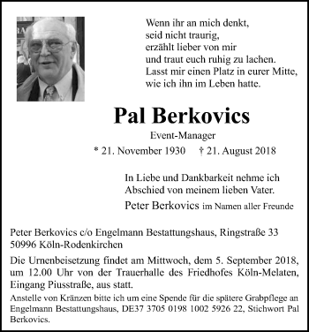 Anzeige von Pal Berkovics von Kölner Stadt-Anzeiger / Kölnische Rundschau / Express