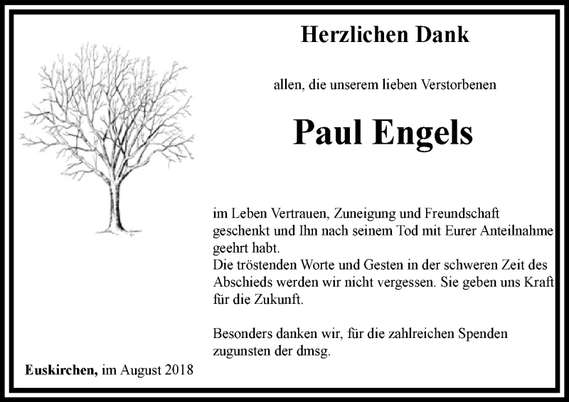  Traueranzeige für Paul Engels vom 11.08.2018 aus  Blickpunkt Euskirchen 