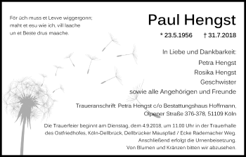 Anzeige von Paul Hengst von Kölner Stadt-Anzeiger / Kölnische Rundschau / Express