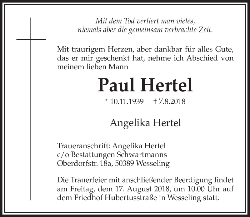  Traueranzeige für Paul Hertel vom 15.08.2018 aus  Schlossbote/Werbekurier 
