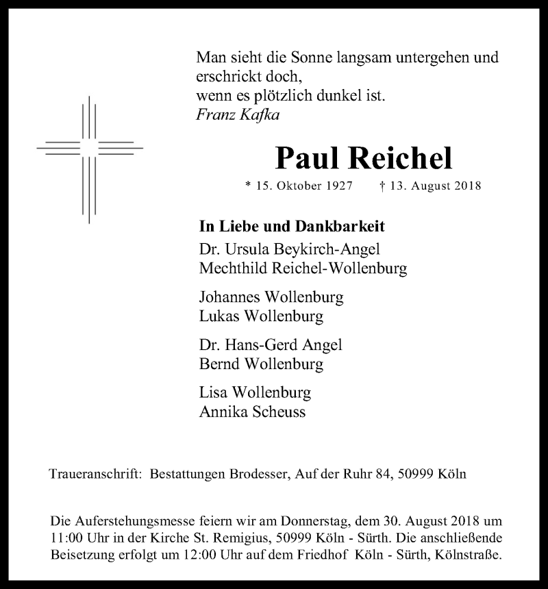 Traueranzeige für Paul Reichel vom 25.08.2018 aus Kölner Stadt-Anzeiger / Kölnische Rundschau / Express