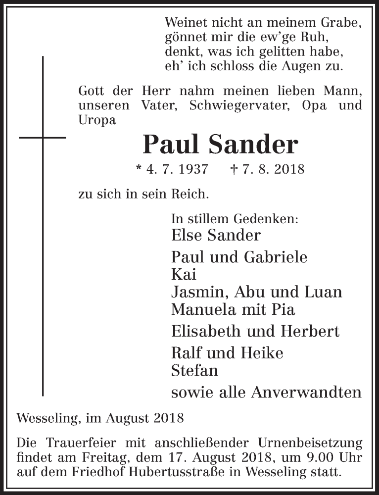  Traueranzeige für Paul Sander vom 15.08.2018 aus  Schlossbote/Werbekurier 