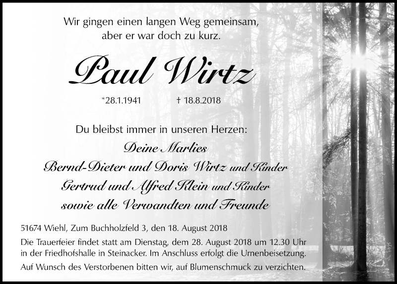  Traueranzeige für Paul Wirtz vom 22.08.2018 aus  Anzeigen Echo 
