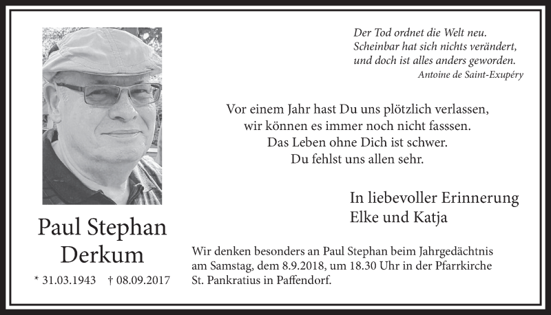  Traueranzeige für Paul Stephan Derkum vom 01.09.2018 aus  Sonntags-Post 