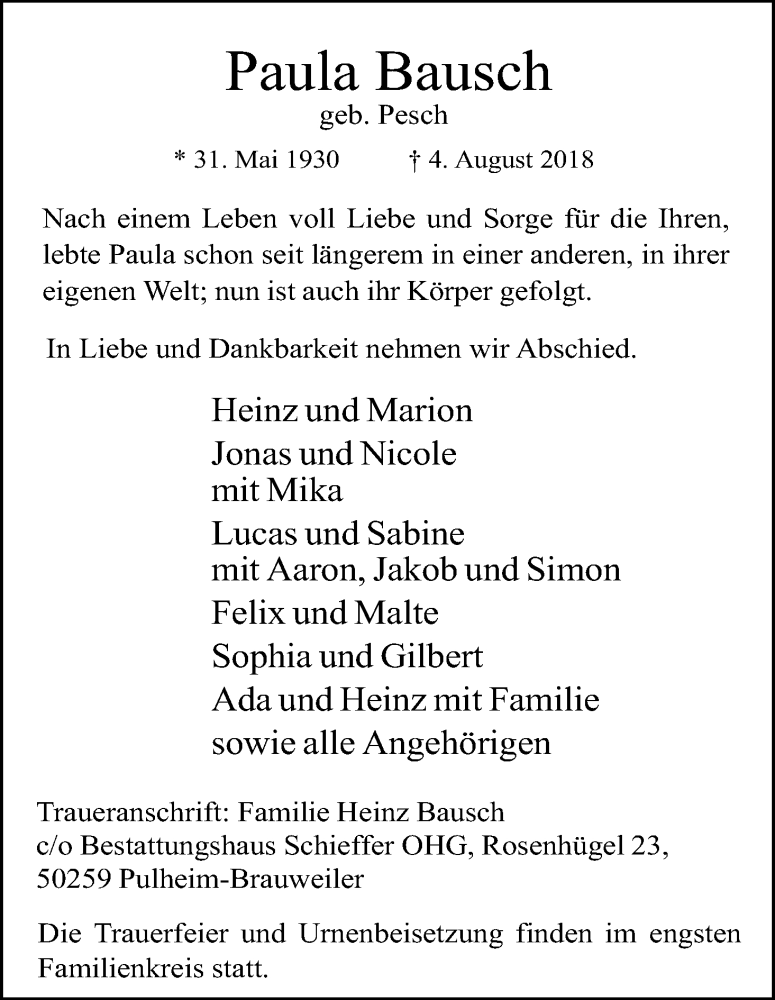  Traueranzeige für Paula Bausch vom 25.08.2018 aus Kölner Stadt-Anzeiger / Kölnische Rundschau / Express