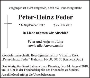 Anzeige von Peter-Heinz Feder von  Sonntags-Post 